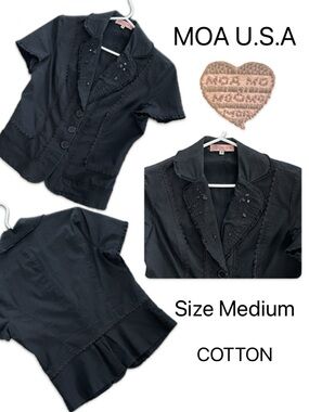 Black Short Sleeve Button Front Blazer with Embellished Lapel  & Lace Trim